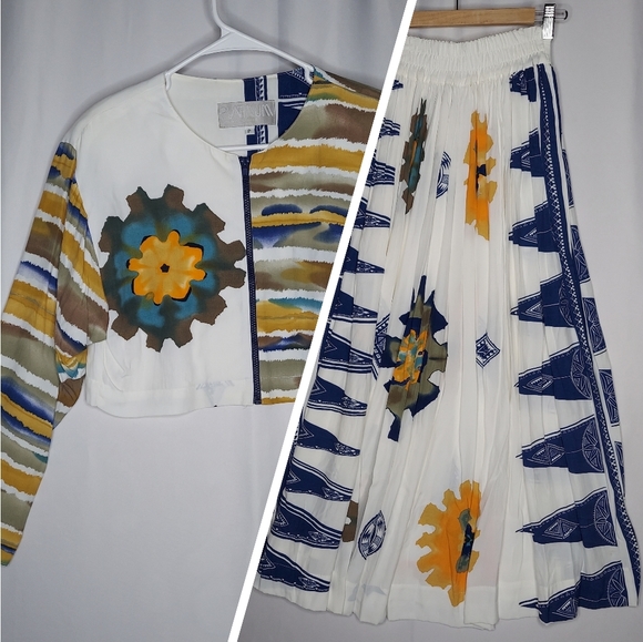 Dorothy Shoelen Skirt Set 6 Cropped Jacket Full A-Line Midi Abstract Floral Y2K